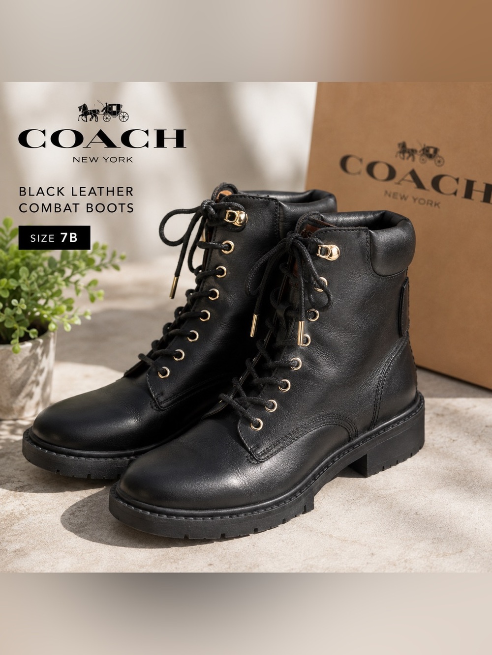 COACH Black Leather Lace-Up Combat Boots Gold Hardware Size 7B